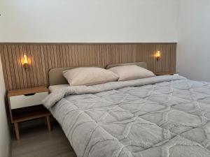 a bedroom with a large bed with a wooden headboard at Pura Vida Apartment in Mostar