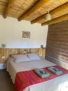 a bedroom with a bed with two pillows on it at cabañas UMA RAYMI in Juella
