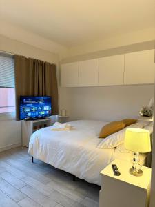 a bedroom with a large bed and a flat screen tv at Pieno Centro in Basiglio