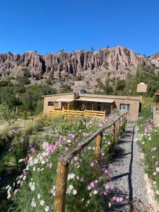 a house with flowers in front of a mountain at cabañas UMA RAYMI in Juella