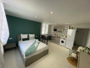 a bedroom with a bed and a green wall at Studio Élégance in Cayenne
