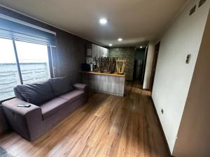a living room with a couch and a kitchen at Cabañas y hospedaje kalú in Nueva Imperial