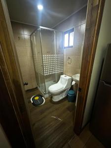 a bathroom with a toilet and a glass shower at Cabañas y hospedaje kalú in Nueva Imperial
