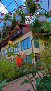a building with flowers and plants in front of it at Pensiunea Dana Olteanu in Moieciu de Sus