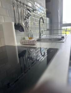 a kitchen with a sink and utensils on a wall at Petit nid calme à 2 pas de Paris in Ivry-sur-Seine