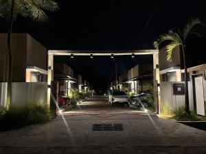 a car parked under a garage at night at Menata Villa Harmoni in Pakem
