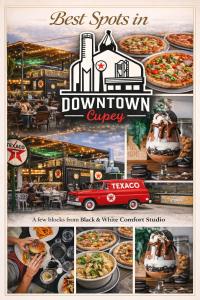 a collage of photos of different pizzas and a red car at Black & White Comfort Studio in San Juan +38 photos