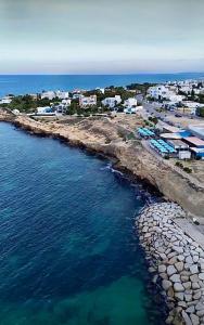 an aerial view of a beach with houses and the ocean at Dar Leïla in Harqalah