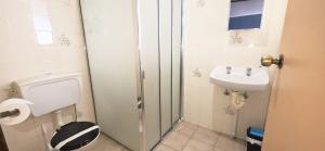 a bathroom with a toilet and a sink at Limestone Coast Tourist Park in Mount Gambier +49 photos