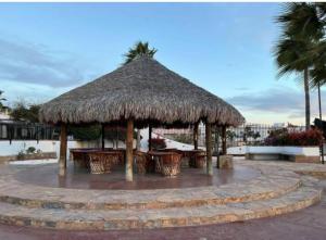 a large straw umbrella with tables and palm trees at Villa Serena Erizos 2 in San Carlos