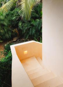 a bench in front of a wall with plants at Villas Indigo Troncones in Troncones