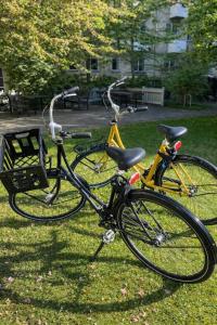 two bikes parked in the grass in a park at Danish style apartment in Copenhagen