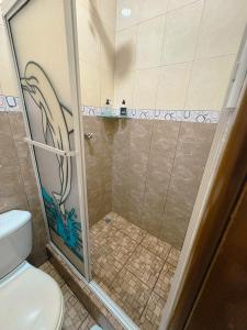 a bathroom with a shower with a toilet at Kicker House in Puerto Baquerizo Moreno +28 photos