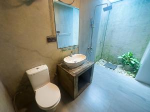a bathroom with a toilet and a sink and a mirror at Sayon River Cottage in Wellawaya