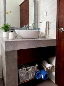 a bathroom counter with a sink and a mirror at Villa Tucanes in Tulum +39 photos