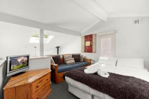 a bedroom with a bed and a tv and a couch at Three Bears 3 - Thredbo in Thredbo