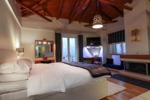 Enastron Guesthouse في ديميتسانا: غرفة نوم بسرير كبير ومدفأة