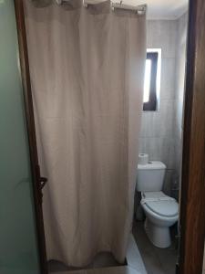 a bathroom with a toilet and a shower curtain at Rose house in Constanţa