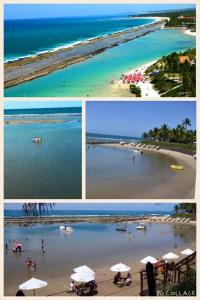 three pictures of a beach with people in the water at Flat Nannai Residence Muro Alto Terreo Frente Piscina in Porto De Galinhas