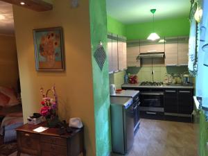 uma cozinha com paredes verdes e um fogão forno superior em Domek nad jeziorem Rumian em Rybno