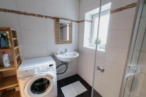 a bathroom with a washing machine and a sink at Ferienhaus Waldzeit in Heimbach