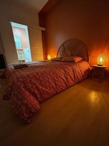 a bedroom with a bed with a red comforter and a window at Au papillon des coteaux in Magenta