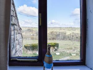 a figurine sitting on a window sill looking out at Swallow Cottage in Leek