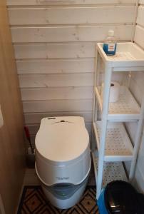 a small bathroom with a toilet and a shelf at Minicabin in Vuokatti