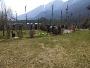 a person sitting in a park with mountains in the background at Golf view resort in Pahalgām