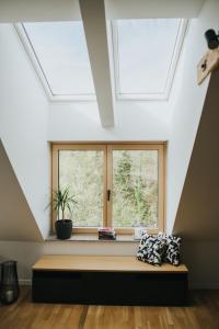 a window seat in a room with a skylight at Riverside House Krka in Zagradec