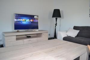 uma sala de estar com uma televisão de ecrã plano num centro de entretenimento em Gîtes Paquay em Libramont
