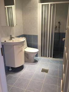 a bathroom with a toilet and a sink and a shower at City Marina Apartment with Seaview in Tallinn