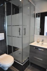 a bathroom with a shower and a toilet and a sink at Oceanide 72 by agence bru in Lacanau-Océan