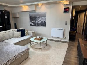 a living room with a couch and a tv at Relaxed appartment in Melun