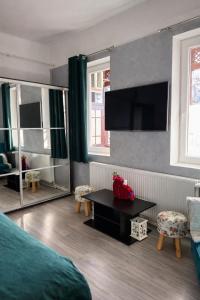 a living room with a bed and a tv at Apartament Salina Turda in Turda