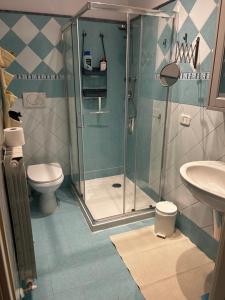 a bathroom with a shower and a toilet and a sink at Appartamento con giardino Coppo Sirolo in Sirolo