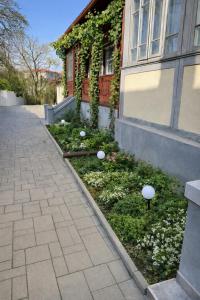 a garden in front of a house with white flowers at Apartament Salina Turda in Turda