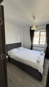 a bedroom with a bed and a large window at Lion Crib in Bacău