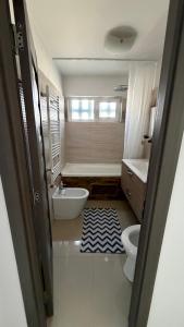 a bathroom with a tub and a toilet and a sink at Lion Crib in Bacău