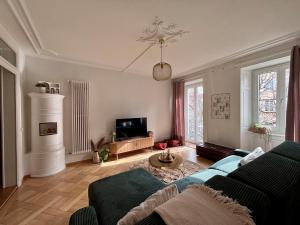 a living room with a couch and a tv at La Maison de Jacob in La Chaux-de-Fonds
