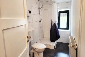 a small bathroom with a toilet and a shower at ST10-12 Monteurwohnung in Stolberg in Binsfeldhammer