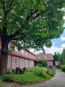 a tree with tables and chairs in front of a building at apartmán Monte Lope in Bystřice pod Lopeníkem
