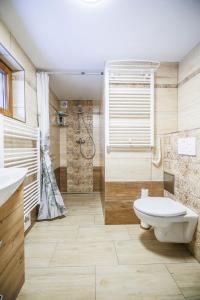 a bathroom with a toilet and a shower at Chata U Valentů in Červená Voda +26 photos