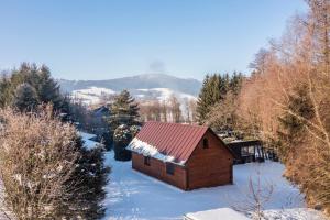 a small cabin with a red roof in the snow at Chata U Valentů in Červená Voda