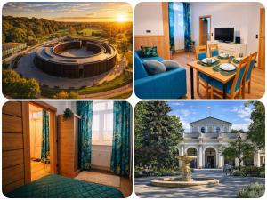 a collage of four pictures of a mansion at Szmaragdowa Przystań - apartament z parkingiem blisko Parku Zdrojowego i Tężni in Busko-Zdrój