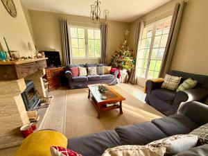 a living room with two couches and a fireplace at Maison Mariela in Luzech