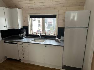 eine Küche mit einem weißen Kühlschrank und einer Spüle in der Unterkunft Plads til 5 in Samsø