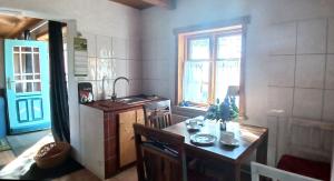 a kitchen with a table and a sink in a room at Ferienhaus Oppeln 21 in Wingst