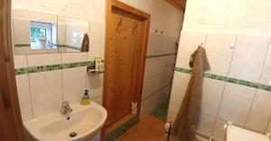 a bathroom with a sink and a shower at Ferienhaus Oppeln 21 in Wingst +16 photos