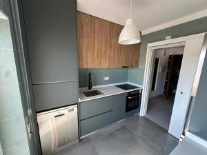 a kitchen with gray cabinets and a sink at JP House in Figueira da Foz
